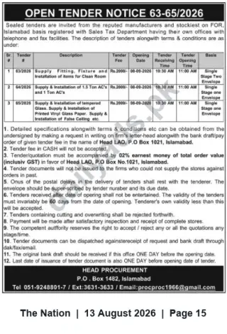 Newspaper clipping: Open Tender Notice 63-65/2026 — Supply & Installation for Clean Room, ACs, Glass/Vinyl & False Ceiling — Islamabad, The Nation, 13 Aug 2026