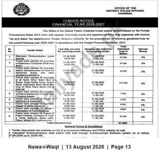 Newspaper clipping: District Police Chakwal Tender Notice FY 2026-2027 — Framework Contracts & Procurement, Nawa-i-Waqt, 13 Aug 2026