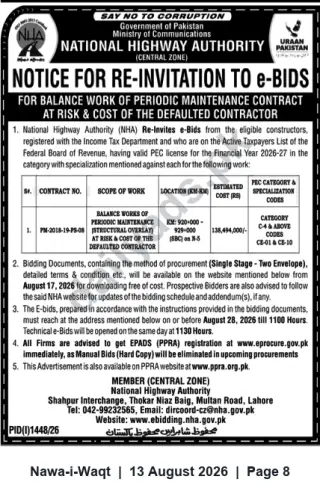 Newspaper clipping: NHA Re-Invitation to e-Bids — Periodic Maintenance (Structural Overlay) on N-5 Km 920–929 (Contract PM-2018-19-PS-08), Nawa-i-Waqt, 13 Aug 2026