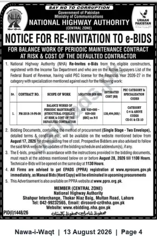 Newspaper clipping: NHA Re‑Invitation to e-Bids — Periodic Maintenance Contract PM-2018-19-PB-08, Nawa-i-Waqt, 13 Aug 2026