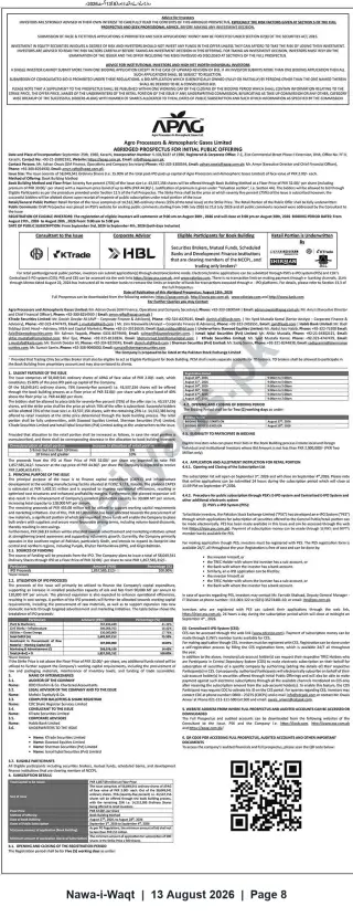 Newspaper clipping: APAG Limited Abridged Prospectus — IPO Book Building & Public Subscription (Karachi), Nawa-i-Waqt, 13 Aug 2026