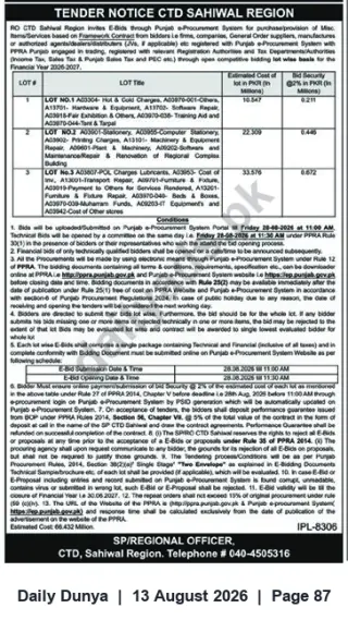 Newspaper clipping: CTD Sahiwal Region Tender — Framework Supply/Services (Multiple Lots) — Closing 2026-08-28, Dunya, 13 Aug 2026