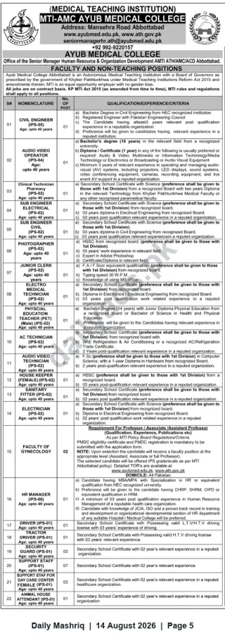 Newspaper clipping: Ayub Medical College (MTI‑AMC) Abbottabad — Faculty & Non‑Teaching Vacancies, Daily Mashriq, 14 Aug 2026