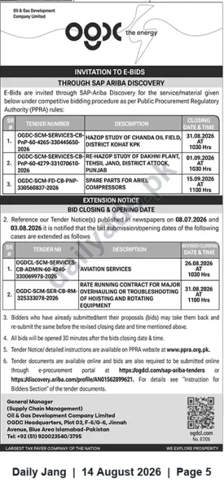 Newspaper clipping: OGDCL Invitation to E-Bids for Studies, Services and Supplies — Multiple Closing Dates Aug–Sep 2026, Jang, 14 Aug 2026