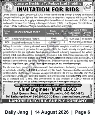 Newspaper clipping: LESCO Invitation for Bids — Distribution Materials (Tenders 4435 & 4436), Jang, 14 Aug 2026