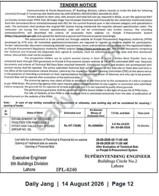 Newspaper clipping: Tender: Establishment of Pangasius & High-Value Fish Hatchery — 6th Buildings Division, Lahore, Jang, 14 Aug 2026
