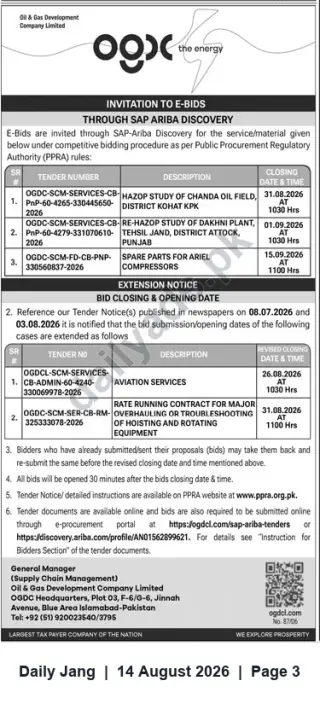 Newspaper clipping: OGDCL Invitation to E-Bids (SAP Ariba) — HAZOP Studies, Aviation Services & Spare Parts (Aug–Sep 2026), Jang, 14 Aug 2026