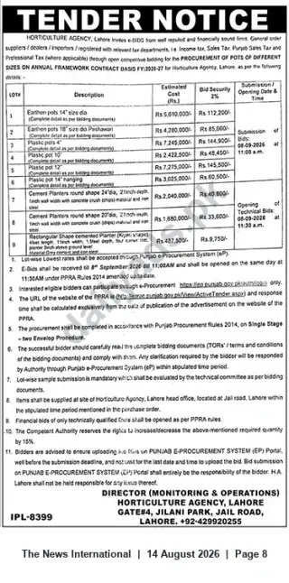 Newspaper clipping: Tender: Supply of Pots & Planters (Various Sizes) — Horticulture Agency, Lahore (e-Bids), The News International, 14 Aug 2026