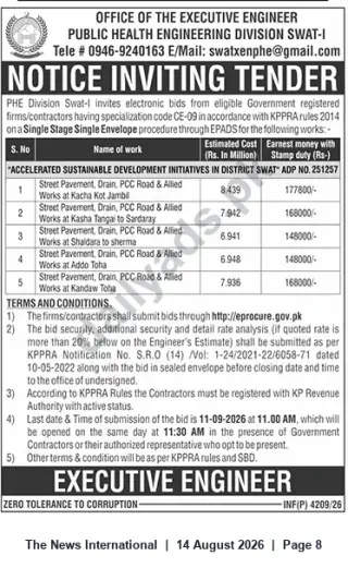 Newspaper clipping: Tender: Street Pavement, Drain & PCC Road Works — Public Health Engineering Division Swat-I (ASDI APD No.251257), The News International, 14 Aug 2026