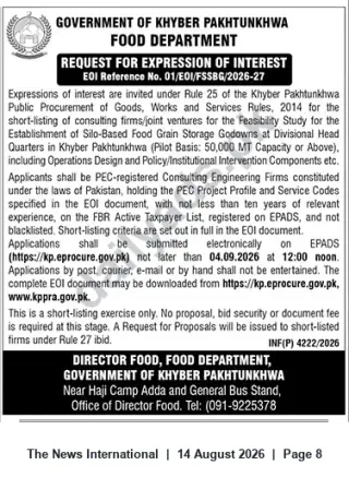Newspaper clipping: EOI: Feasibility Study for Silo-Based Food Grain Storage Godowns — Food Department, Khyber Pakhtunkhwa, The News International, 14 Aug 2026