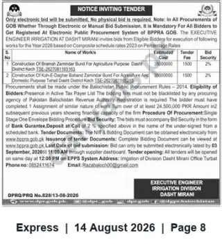 Newspaper clipping: Tender: Construction of Bramsh Zamindar Bund & Koh-E-Daghar Bahand Zamindar Bund — Irrigation Division Dasht Mirani, Express, 14 Aug 2026