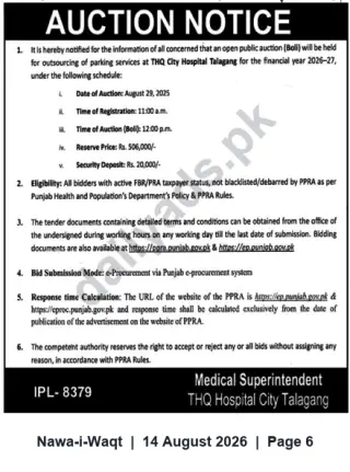 Newspaper clipping: Public Auction: Outsourcing Parking Services at THQ City Hospital Talagang — 29 Aug 2025, Nawa-i-Waqt, 14 Aug 2026