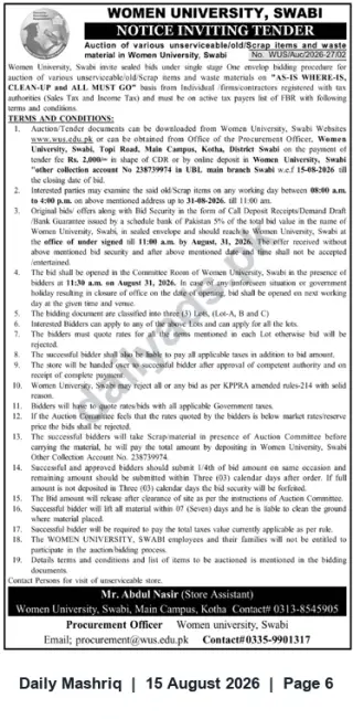 Newspaper clipping: Women University Swabi — Notice Inviting Tender / Auction of Unserviceable & Scrap Items, Daily Mashriq, 15 Aug 2026