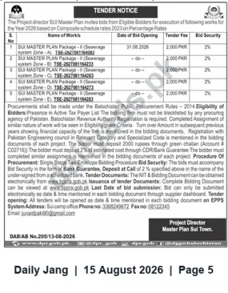 Newspaper clipping: Sui Master Plan: Tender for Sewerage Packages (Zones A–E) — Bid Opening 2026-08-31, Jang, 15 Aug 2026