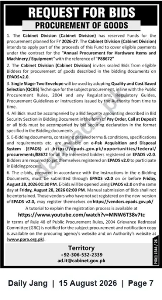 Newspaper clipping: Cabinet Division Request for Bids — Procurement of Goods (FY 2026-27) Ref: PB8672, Jang, 15 Aug 2026