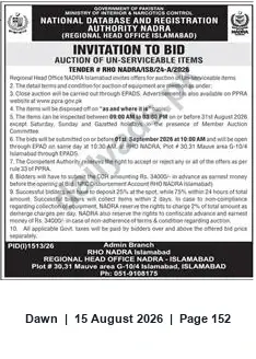 Newspaper clipping: NADRA RHO Islamabad Auction of Unserviceable Items – Tender RHO NADRA/IS8/24-A/2028, Dawn, 15 Aug 2026