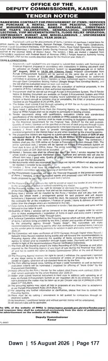 Newspaper clipping: Tender Notice — Framework Contracts for Goods & Services (Office of the Deputy Commissioner, Kasur), Dawn, 15 Aug 2026