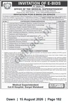 Newspaper clipping: Invitation for E-Bids — Cat-8 Hospital Dargai (FY 2026-27), Dawn, 15 Aug 2026