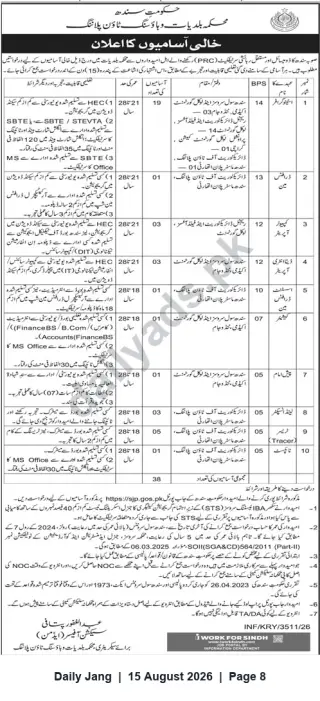 Newspaper clipping: Government of Sindh — Local Government & Town Planning Department Recruitment (38 Vacancies), Jang, 15 Aug 2026