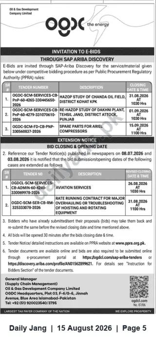 Newspaper clipping: OGDCL Invitation to E-Bids (SAP Ariba) — HAZOP Studies, Aviation Services, Spare Parts & Overhaul Contracts, Jang, 15 Aug 2026