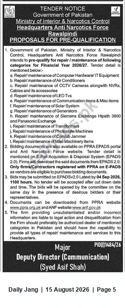 Newspaper clipping: ANF Rawalpindi Tender: Pre-Qualification for Repair & Maintenance Services FY 2026/27, Jang, 15 Aug 2026