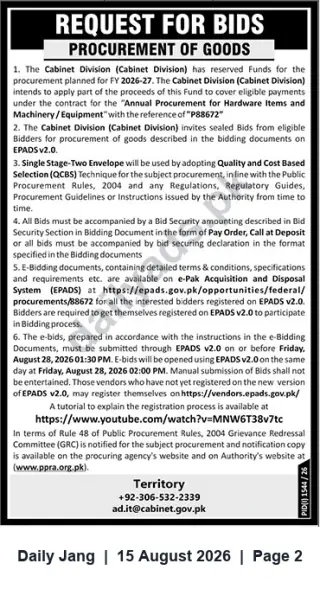 Newspaper clipping: Cabinet Division Request for Bids – Annual Procurement of Hardware & Machinery (Ref: PB8672), Jang, 15 Aug 2026