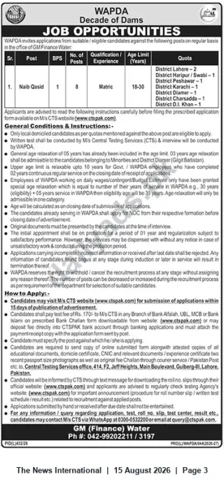 Newspaper clipping: WAPDA (GM Finance Water) - Naib Qasid (BPS-1), 8 Vacancies, The News International, 15 Aug 2026