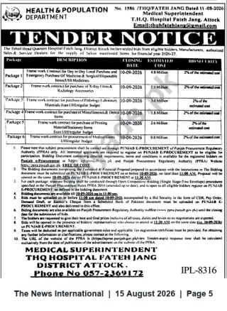 Newspaper clipping: Tender Notice: Framework Contracts for Medical Supplies — THQ Hospital Fateh Jang (Attock), The News International, 15 Aug 2026