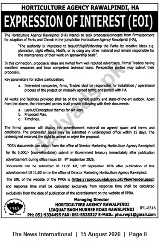Newspaper clipping: EOI: Adoption and Beautification of Parks & Chowks — Horticulture Agency Rawalpindi, The News International, 15 Aug 2026