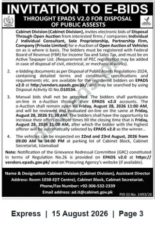Newspaper clipping: Cabinet Division e-Auction — Disposal of Vehicles (EPADS v2.0) — Closes 2026-08-28, Express, 15 Aug 2026