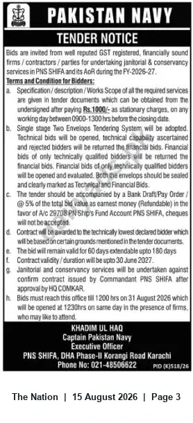 Newspaper clipping: Pakistan Navy Tender: Janitorial & Conservancy Services at PNS SHIFA (FY 2026-27), The Nation, 15 Aug 2026