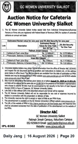 Newspaper clipping: Auction Notice – Cafeteria and Campus Shops at GC Women University Sialkot, Jang, 16 Aug 2026