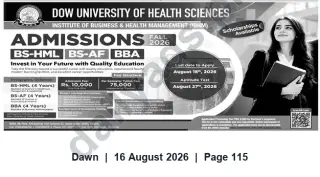 Newspaper clipping: Dow University of Health Sciences (IBHM) — Fall 2026 Admissions: BS-HML, BS-AF, BBA, Dawn, 16 Aug 2026