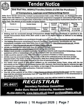 Newspaper clipping: Tender for Purchase of Computers, Laptops & Networking Items — Baba Guru Nanak University (Closing 2026-08-31), Express, 16 Aug 2026