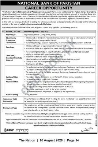 Newspaper clipping: Resident Engineer – Civil (OG-I) | National Bank of Pakistan (Contract) - Jhang & Peshawar, The Nation, 16 Aug 2026