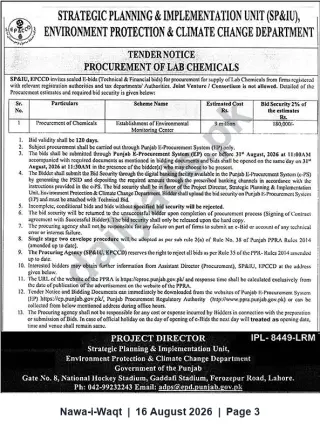 Newspaper clipping: Tender: Procurement of Lab Chemicals for Establishment of Environmental Monitoring Center – EPCC Punjab, Nawa-i-Waqt, 16 Aug 2026