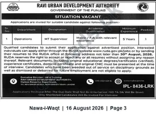 Newspaper clipping: RUDA (Ravi Urban Development Authority) – MT Supervisor (Operations) Vacancy, Nawa-i-Waqt, 16 Aug 2026