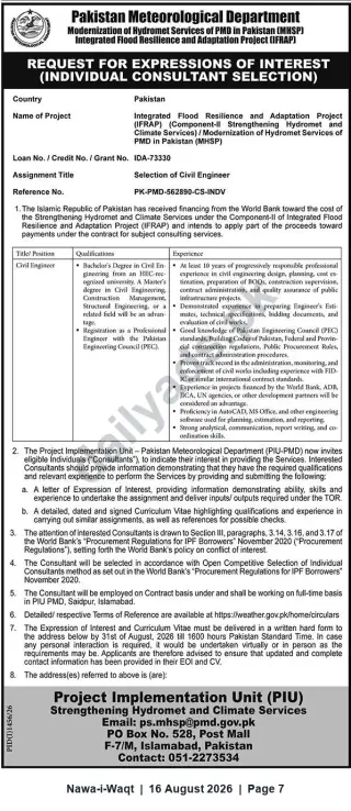 Newspaper clipping: PMD / IFRAP Request for Expressions of Interest – Civil Engineer (Individual Consultant), Nawa-i-Waqt, 16 Aug 2026