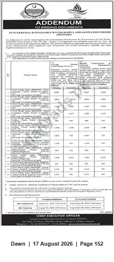 Newspaper clipping: Addendum: Fumar Ramal Sustainable Water Supply and Sanitation Project Bidding Documents, Dawn, 17 Aug 2026