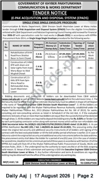 Newspaper clipping: KP C&W Division South Waziristan Lower (Wana) — Road Works Tenders via EPADS, Daily Aaj, 17 Aug 2026