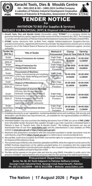 Newspaper clipping: KTDMC Tender Notice — Supplies, Services, Plant & Disposal of Miscellaneous Scrap (Karachi), The Nation, 17 Aug 2026