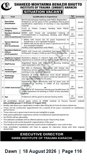 Newspaper clipping: SMBB Institute of Trauma Karachi — Multiple Contract Medical & Support Staff Vacancies, Dawn, 18 Aug 2026