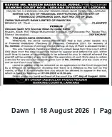 Newspaper clipping: Banking Court No. 3, Larkana — Defendant Court Notice, Dawn, 18 Aug 2026