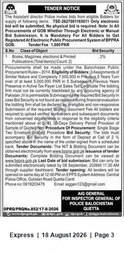Newspaper clipping: Tender for Supply of Books, Magazines & Electronic/Printed Publications — Central Police Office, Quetta, Express, 18 Aug 2026