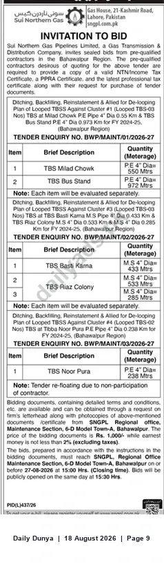 Newspaper clipping: SNGPL Invitation to Bid — Bahawalpur Region De‑looping Works for TBS (Maintenance Tenders), Dunya, 18 Aug 2026