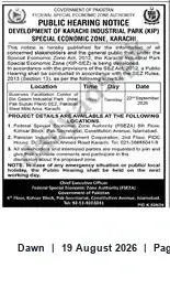 Newspaper clipping: Public Hearing: Development of Karachi Industrial Park (KIP) Special Economic Zone, Dawn, 19 Aug 2026