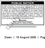 Newspaper clipping: Open Auction — Commercial Plots at Antinas Colony, Hyderabad Region (Sindh) — 2006-08-21, Dawn, 19 Aug 2026