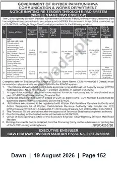 Newspaper clipping: Re-Tender Notice — C&W Highway Division Mardan (E-PAD, Single-Stage Two-Envelope), Dawn, 19 Aug 2026