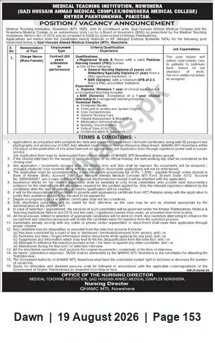 Newspaper clipping: Charge Nurse (Medication Administration) Vacancy — Qazi Hussain Ahmad Medical Complex, Nowshera, Dawn, 19 Aug 2026