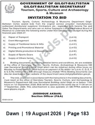 Newspaper clipping: Invitation to Bid — Tourism, Sports, Culture, Archaeology & Museums Department, Gilgit-Baltistan (Lots A–G), Dawn, 19 Aug 2026